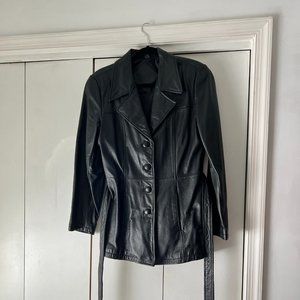 Jacqueline Ferrar - Vintage Leather Coat w/Belt - Black, Size  Medium